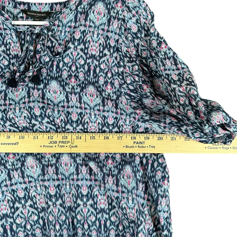 Banana Republic Navy Blue Ikat Print Tie-Neck Blouse with Pink Accents